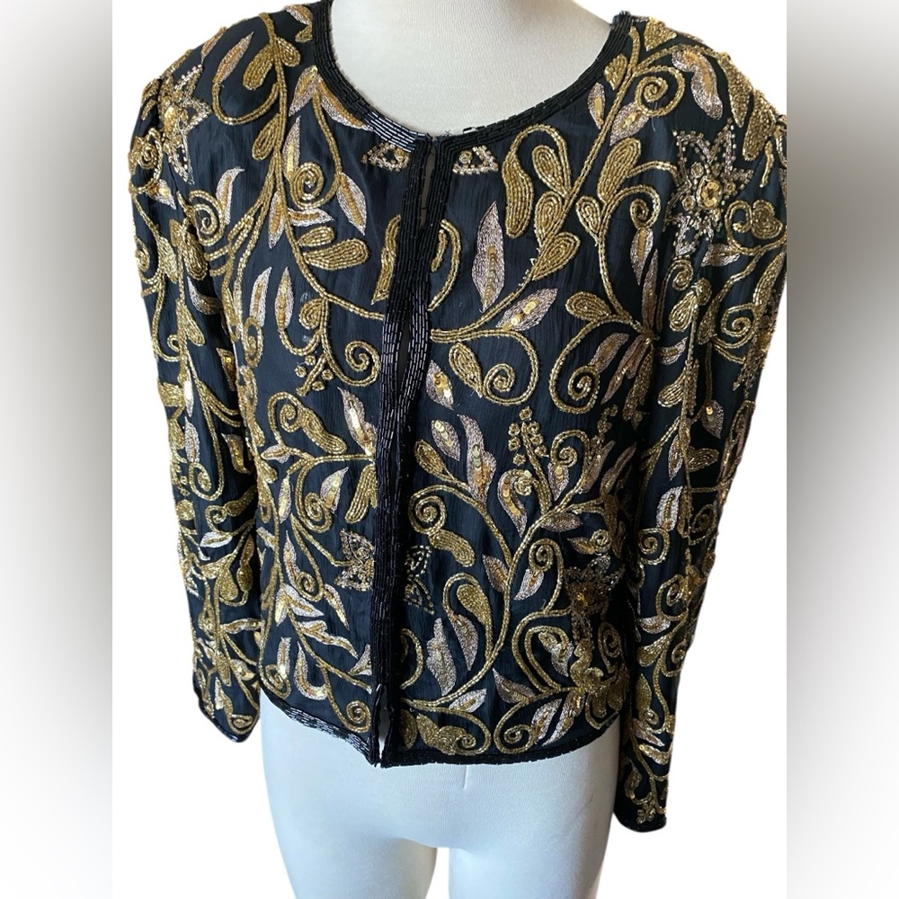 Laurence Kazar Womens Silk Beaded  sequins Jacket Sz 8 Black Gold silver Vtg